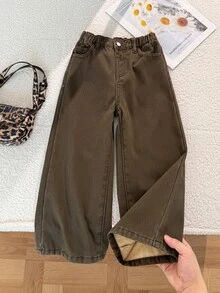 SHEIN 女童棕色丹寧刷毛內裡寬鬆長牛仔褲，秋冬牛仔女孩風，萬聖節聖誕節適用 - 棕色 - 查看 8