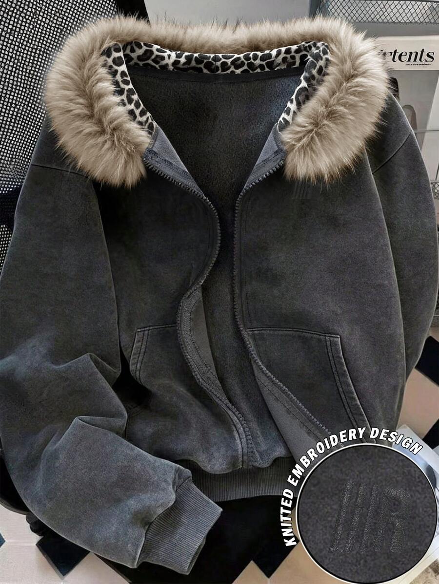 Resyla Women's Fur Collar Sweatshirt, Autumn/Winter New Style, Dark Grey Fur Collar Jacket, Minimalist Letter Embroidery Pattern, Pattern Design, Casual Versatile - Grey - View 1