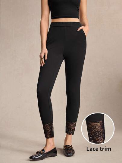 BizChic Women's Tailored Pants With Side Pockets, Elastic Waist, Lace Patchwork, Slim Fit, Elegant French Style, Suitable For Commuting, Church, Special Occasions, Dates, Parties, Autumn, Halloween, Back To School