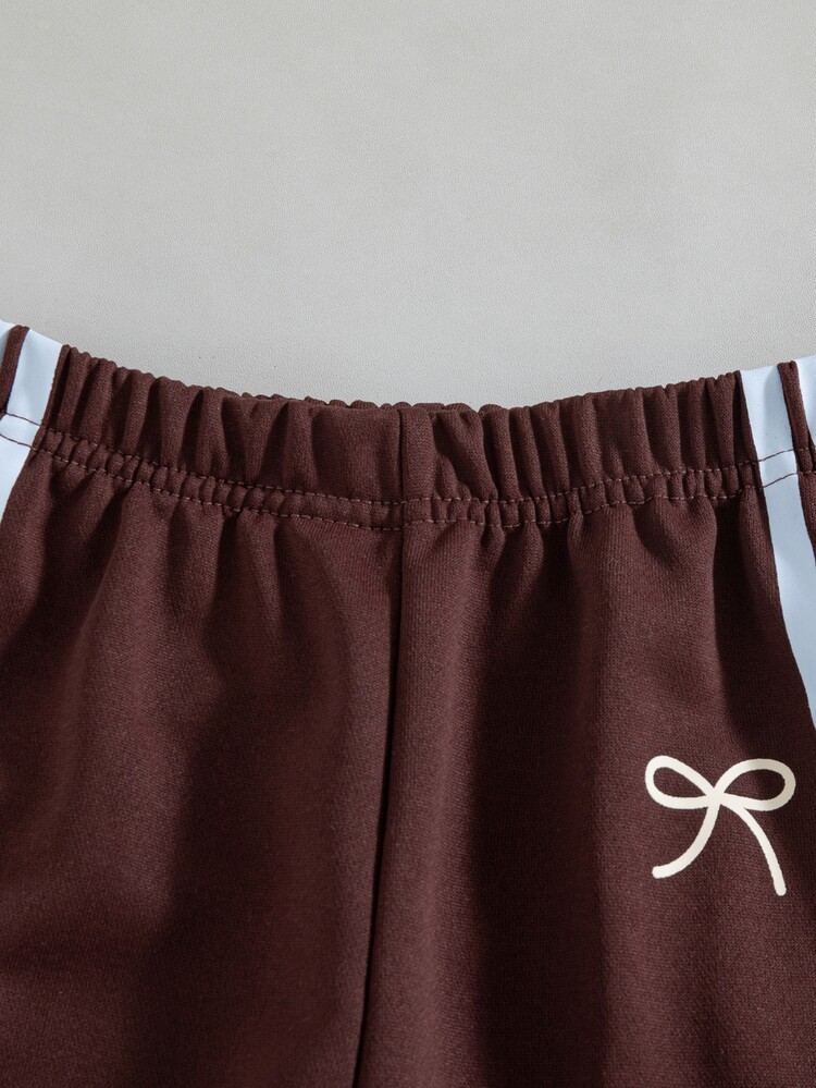 2pcs Girls Casual Sporty Style, Color Block Design With Bow Print & Side Stripe Print Decor, Half Zip Stand Collar Long Sleeve Top & Matching Straight Leg Pants Set, Loose Fit Comfortable, Suitable For School, Daily Outings, Autumn Wear - Brown - View 8