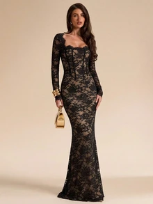 SHEIN BAE Autumn/Winter Solid Color Square Neck Boned Corset Style Long Sleeve Slim Fit Lace Maxi Elegant Dress For Women - Black - View 6