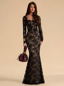 SHEIN BAE Autumn/Winter Solid Color Square Neck Boned Corset Style Long Sleeve Slim Fit Lace Maxi Elegant Dress For Women - Black - View 3