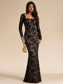 SHEIN BAE Autumn/Winter Solid Color Square Neck Boned Corset Style Long Sleeve Slim Fit Lace Maxi Elegant Dress For Women - Black - View 1