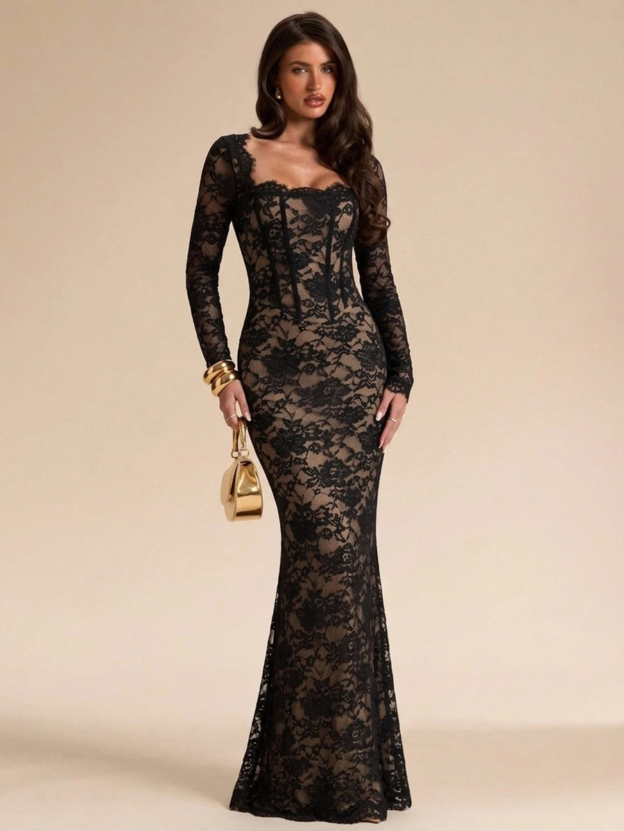 SHEIN BAE Autumn/Winter Solid Color Square Neck Boned Corset Style Long Sleeve Slim Fit Lace Maxi Elegant Dress For Women - Black - View 1