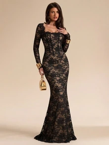 SHEIN BAE Autumn/Winter Solid Color Square Neck Boned Corset Style Long Sleeve Slim Fit Lace Maxi Elegant Dress For Women - Black - View 4