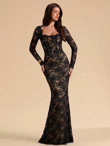 SHEIN BAE Autumn/Winter Solid Color Square Neck Boned Corset Style Long Sleeve Slim Fit Lace Maxi Elegant Dress For Women - Black - View 5