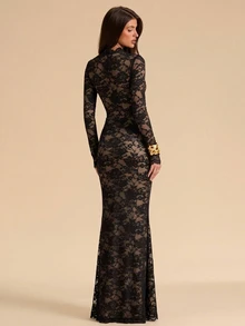 SHEIN BAE Autumn/Winter Solid Color Square Neck Boned Corset Style Long Sleeve Slim Fit Lace Maxi Elegant Dress For Women - Black - View 2
