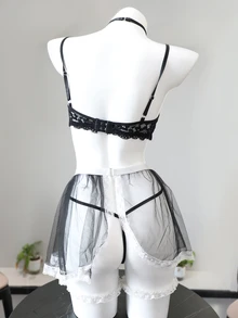 Dansine Sweet Black & White Lace Sheer Maid Cosplay Lingerie Set - Black and White - View 2