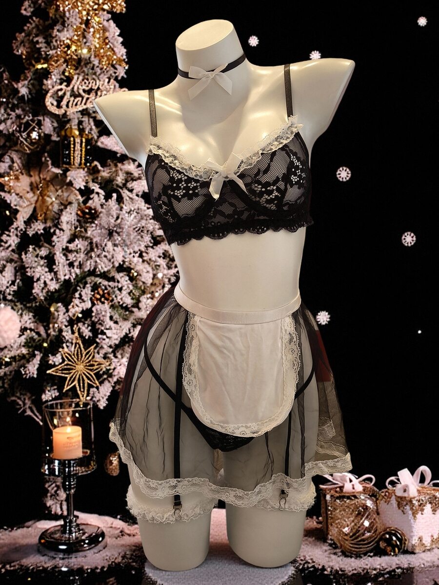 Dansine Sweet Black & White Lace Sheer Maid Cosplay Lingerie Set - Black and White - View 1