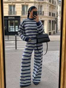 Livesso Women's 2pcs Set: Fall Blue Crew Neck Long Sleeve Knit Sweater High Waist Slim Fit Ribbed Knit Pants Lounge Casual - Blue - View 8