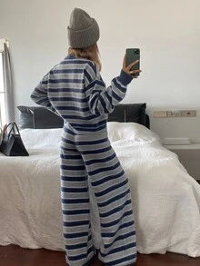 Livesso Women's 2pcs Set: Fall Blue Crew Neck Long Sleeve Knit Sweater High Waist Slim Fit Ribbed Knit Pants Lounge Casual - Blue - View 2