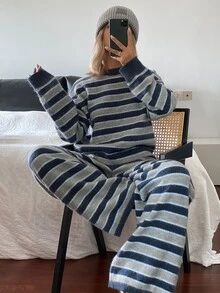 Livesso Women's 2pcs Set: Fall Blue Crew Neck Long Sleeve Knit Sweater High Waist Slim Fit Ribbed Knit Pants Lounge Casual - Blue - View 6