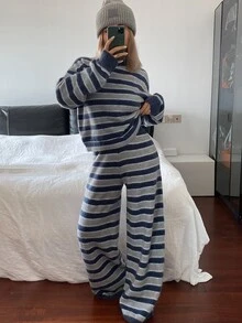 Livesso Women's 2pcs Set: Fall Blue Crew Neck Long Sleeve Knit Sweater High Waist Slim Fit Ribbed Knit Pants Lounge Casual - Blue - View 5