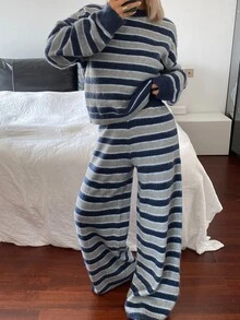 Livesso Women's 2pcs Set: Fall Blue Crew Neck Long Sleeve Knit Sweater High Waist Slim Fit Ribbed Knit Pants Lounge Casual - Blue - View 3