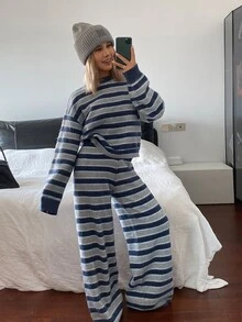 Livesso Women's 2pcs Set: Fall Blue Crew Neck Long Sleeve Knit Sweater High Waist Slim Fit Ribbed Knit Pants Lounge Casual - Blue - View 4