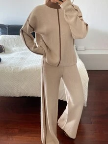 Livesso Women's Color Block Drop Shoulder Long Sleeve Sweater And Knit Pants Casual Set - Apricot - View 3