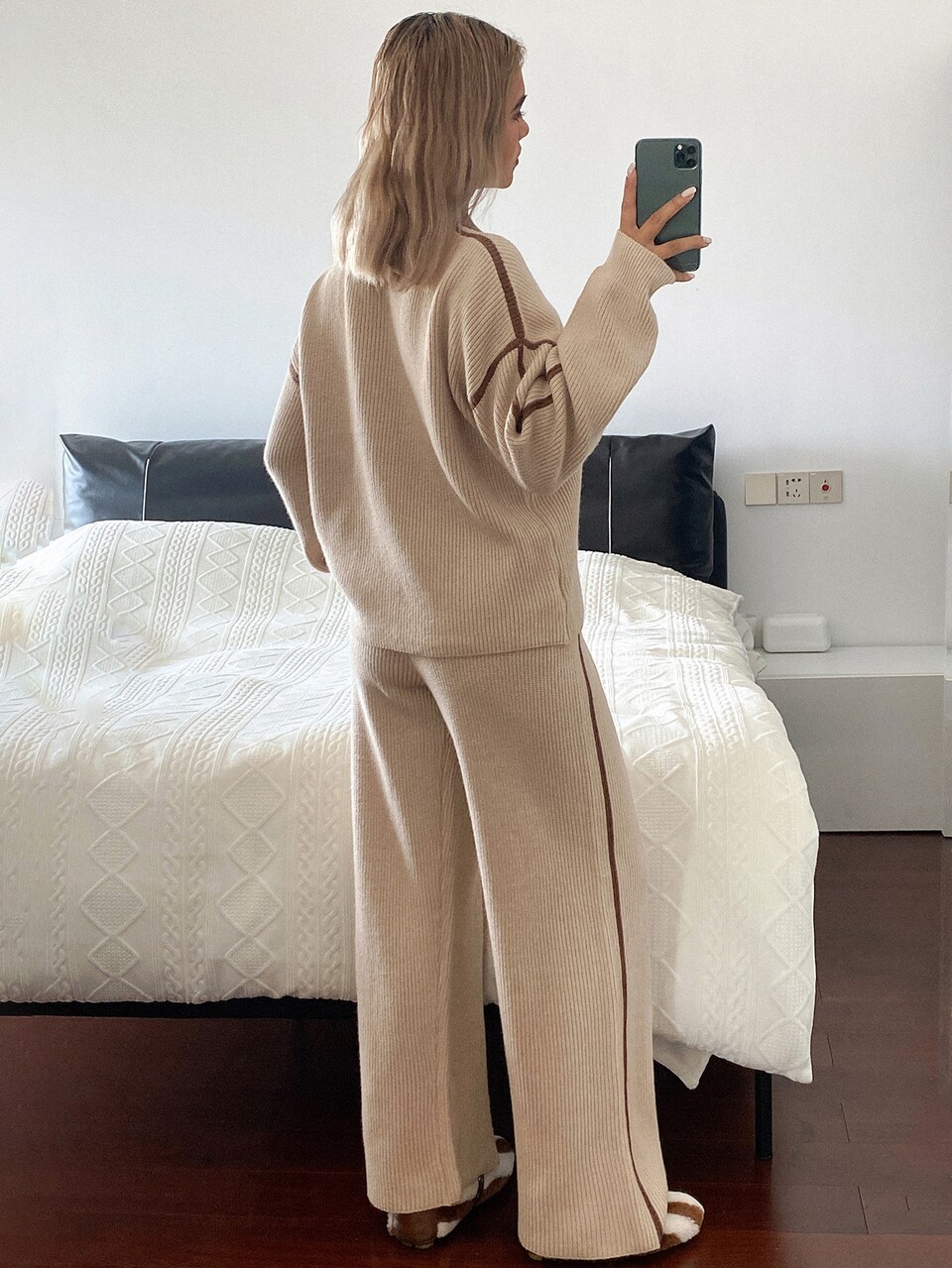 Women's Color Block Drop Shoulder Long Sleeve Sweater And Knit Pants Casual Set