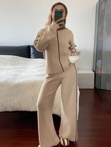 Livesso Women's Color Block Drop Shoulder Long Sleeve Sweater And Knit Pants Casual Set - Apricot - View 5