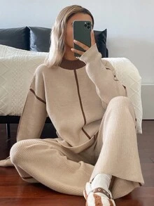 Livesso Women's Color Block Drop Shoulder Long Sleeve Sweater And Knit Pants Casual Set - Apricot - View 6