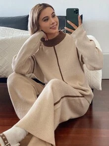 Livesso Women's Color Block Drop Shoulder Long Sleeve Sweater And Knit Pants Casual Set - Apricot - View 1