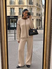 Livesso Women's Color Block Drop Shoulder Long Sleeve Sweater And Knit Pants Casual Set - Apricot - View 7
