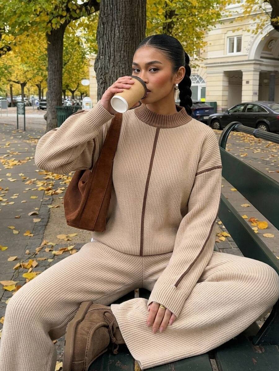 Livesso Women's 2 Pieces Set: Winter Apricot Round Neck Long Sleeve Knit Sweater With High Waist Slim Fit Ribbed Knit Pants - Apricot - View 1