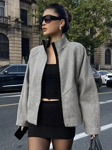 Livesso Women's Winter Grey Wool Blend Coat With Lapel Collar, Buttons, Long Sleeves, Thick Fabric, Waist-Cinching Mid-Length - Grey - View 1