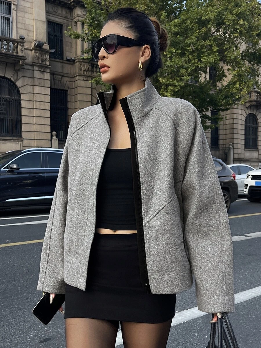 Livesso Women's Winter Grey Wool Blend Coat With Lapel Collar, Buttons, Long Sleeves, Thick Fabric, Waist-Cinching Mid-Length - Grey - View 1