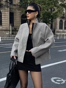 Livesso Women's Winter Grey Wool Blend Coat With Lapel Collar, Buttons, Long Sleeves, Thick Fabric, Waist-Cinching Mid-Length - Grey - View 2