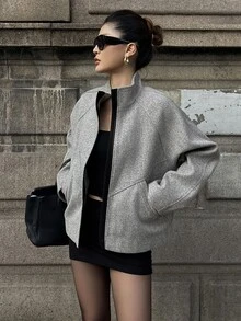 Livesso Women's Winter Grey Wool Blend Coat With Lapel Collar, Buttons, Long Sleeves, Thick Fabric, Waist-Cinching Mid-Length - Grey - View 5