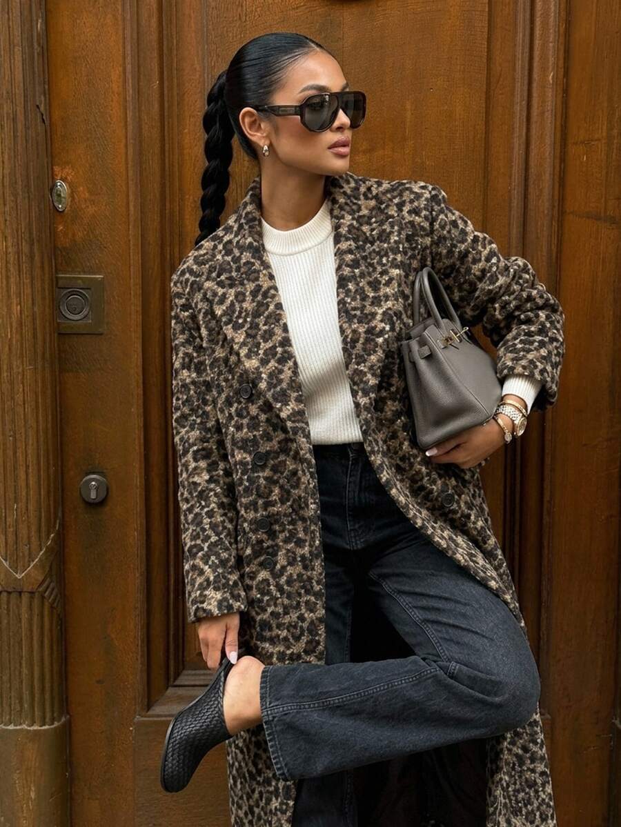 Strévra 女款冬季咖啡棕色翻領鈕扣長袖厚實羊毛混紡面料收腰中長款大衣 - 咖啡棕 - 查看 1