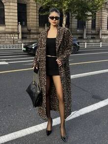 Strévra Women's Winter Coffee Brown Lapel Button Long Sleeve Thick Wool Blend Fabric Cinched Waist Mid-Length Coat - Coffee Brown - View 3