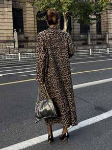 Strévra Women's Winter Coffee Brown Lapel Button Long Sleeve Thick Wool Blend Fabric Cinched Waist Mid-Length Coat - Coffee Brown - View 2