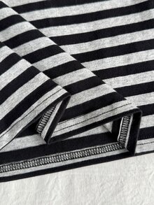 SHEIN 兒童青少年女孩黑色與灰色條紋T恤休閒學院風 - 黑色 - 查看 5