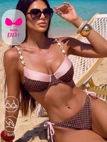 Voyashape DD+ 女款泳裝，海灘度假波點拼接比基尼三角泳褲，珠飾鏈條裝飾，性感熱帶泳池派對夏季棕色 - 彩色 - 查看 1