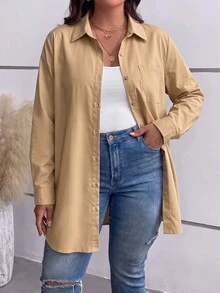 SHEIN BASICS Plus Size Women Solid Color Casual Versatile Daily Wear Shirt - Khaki - View 3