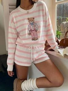 Comfortcana 女款卡通熊白色與粉色圖案長袖毛衣與針織短褲套裝，居家度假秋季可愛 - 粉色 - 查看 9