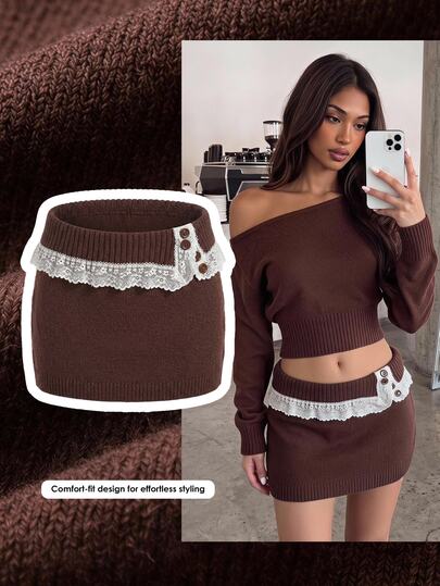Comfortcana Rok Midi Rajut Modis Wanita dengan Trim Renda Kontras