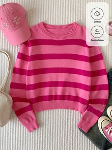 Comfortcana Sweater Kasual Wanita Motif Garis-Garis Blok Warna untuk Musim Gugur/Dingin - Hot Pink - View 9