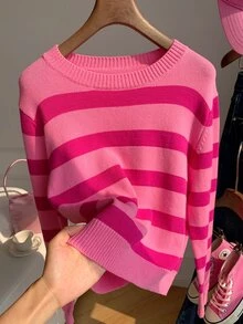 Comfortcana Sweater Kasual Wanita Motif Garis-Garis Blok Warna untuk Musim Gugur/Dingin - Hot Pink - View 6