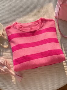 Comfortcana Sweater Kasual Wanita Motif Garis-Garis Blok Warna untuk Musim Gugur/Dingin - Hot Pink - View 12