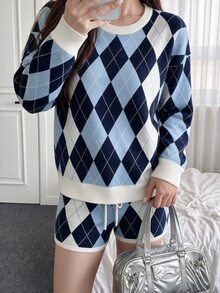 Comfortcana 女款鑽石格紋圓領長袖休閒學院風寬鬆針織毛衣與短褲套裝，海軍藍配色，適合校園，秋季 - 彩色 - 查看 5
