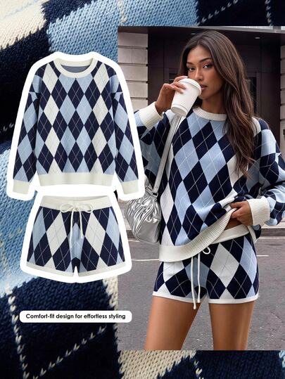 Comfortcana Women's Diamond Grid Crew Neck Long Sleeve Casual Loose Sweater And Knit Shorts Set