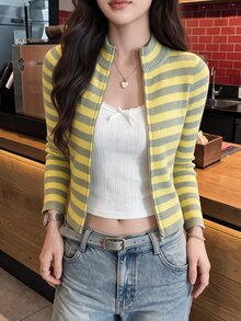 Comfortcana 女款秋季休閒條紋前開襟拉鍊針織衫 - 黃色 - 查看 8