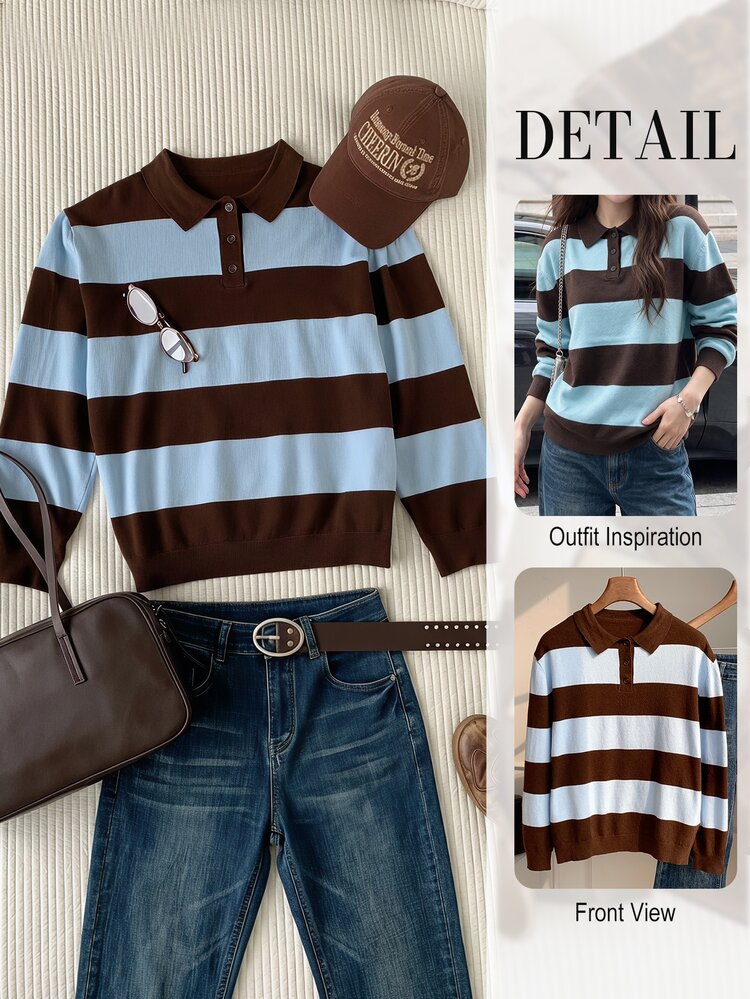 Comfortcana Sweater Lengan Panjang Wanita Motif Blok Warna Kasual Serbaguna untuk Pemakaian Sehari-hari - Biru - View 8
