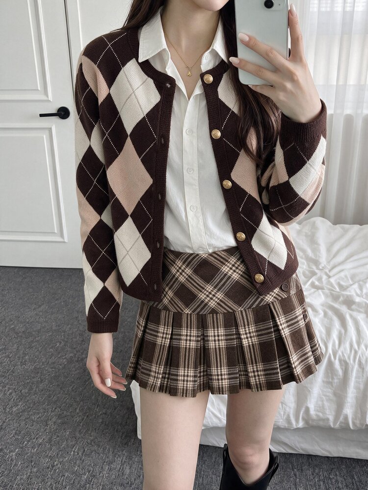 Comfortcana Women's Round Neck Diamond Grid Casual Dark Academia Preppy 2000s Versatile School Everyday Office Cardigan Autumn Winter 2026 Brown And Pink - Multicolor - View 2
