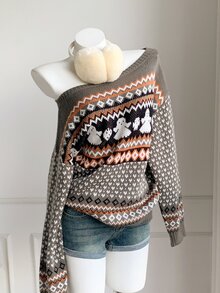 Comfortcana Atasan Rajut Wanita Motif Geometris Hantu Halloween Warna Abu-abu Musim Gugur Lucu - MultiWarna - View 6