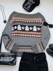 Comfortcana Atasan Rajut Wanita Motif Geometris Hantu Halloween Warna Abu-abu Musim Gugur Lucu - MultiWarna - View 7