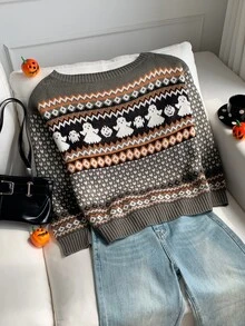 Comfortcana Atasan Rajut Wanita Motif Geometris Hantu Halloween Warna Abu-abu Musim Gugur Lucu - MultiWarna - View 5