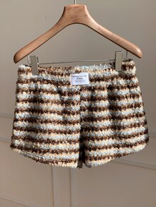 Comfortcana Winter Preppy Teddy Fleece Striped Shorts For Daily Loungewear High Waist - Brown - View 5